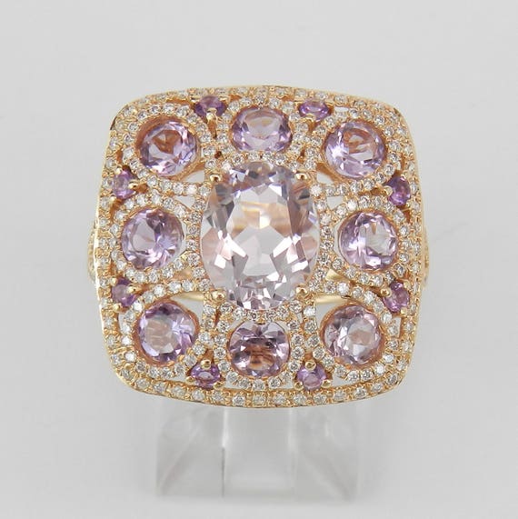 18K Rose Gold Amethyst and Diamond Cocktail Ring - Unique Rose De France Cluster Band - February Birthstone Fine Jewelry Gift