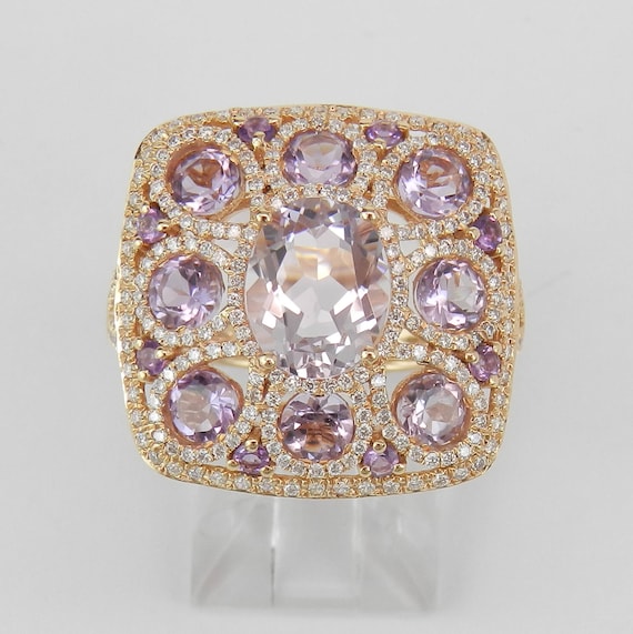18K Rose Gold Amethyst and Diamond Ring - Unique Rose De France Cluster Band - February Birthstone Fine Jewelry Gift