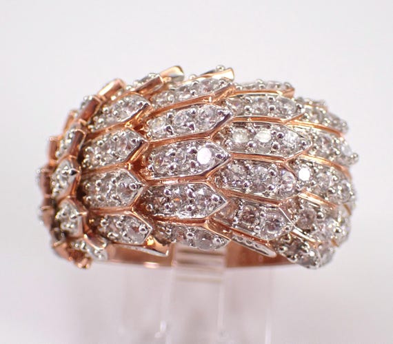 Rose Gold Plated Sterling Silver Band - Large Multi Row Cubic Zirconia Ring - Unique Anniversary Jewelry Gift