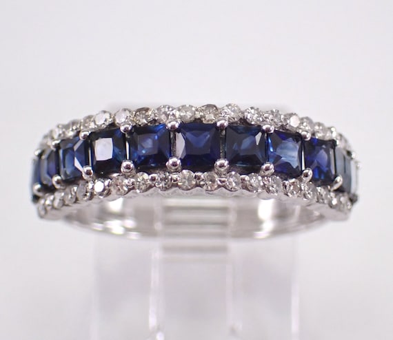 14K White Gold Sapphire Wedding Ring, Multi Row Diamond Anniversary Band, September Gemstone Fine Jewelry Gift