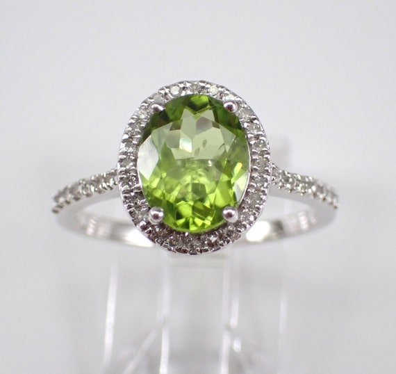 Genuine Peridot and Diamond Ring, Solid White Gold Halo Setting, August Birthstone Jewelry, Oval Green Gemstone Engagement Ring