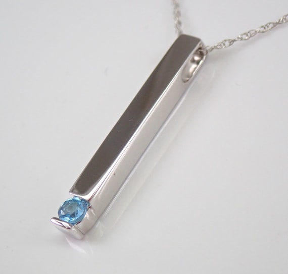 White Gold Blue Topaz Bar Pendant and Chain - Dainty Solitaire Charm Necklace - December Gemstone Jewelry Gift