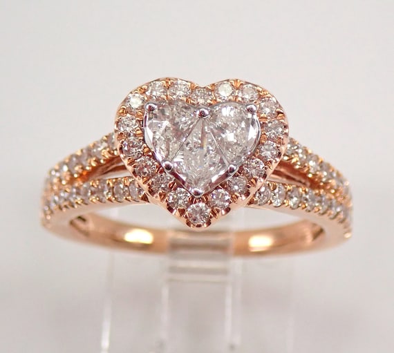 Diamond Heart Engagement Ring, 14K Rose Gold Cluster Halo Bridal Jewelry for Women