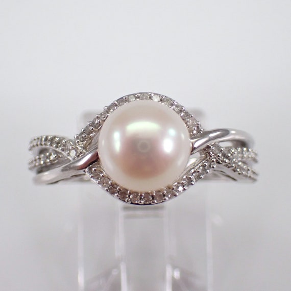 Pearl and Diamond Engagement Ring - White Gold Dainty Bridal Setting - June Birthstone Fine Jewelry Gift