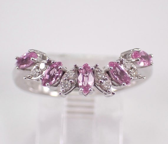 White Gold Pink Sapphire Chevron Wedding Ring - Dainty Contour Anniversary Band - Bridal Diamond Fine Jewelry Gift