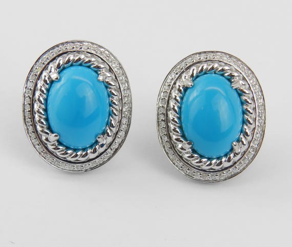 Genuine Oval Turquoise Earrings - 14kt White Gold Diamond Halo - Omega Clip Claps - Rare Sleeping Beauty Color