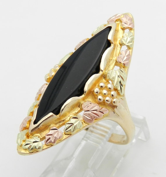 Vintage Tri Color Gold Blck Onyx Ring - Estate Fine Jewelry - Large Marquise Gemstone
