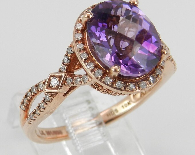 Diamond and Amethyst Halo Engagement Ring Gemstone Promise Rose Gold