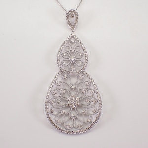 Genuine Diamond Chandelier Pendant, Solid 14K White Gold Fine Jewelry, Vintage Antique Style Necklace, Filigree Special Occasion Gift