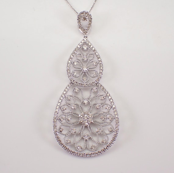 Genuine Diamond Chandelier Pendant, Solid 14K White Gold Fine Jewelry, Vintage Antique Style Necklace, Filigree Special Occasion Gift