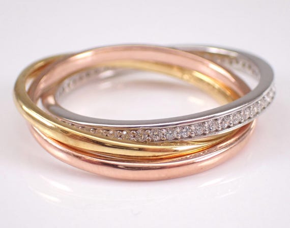 Sterling Silver Eternity Rolling Wedding Ring: Tri Color Gold Tone Movable Anniversary Band