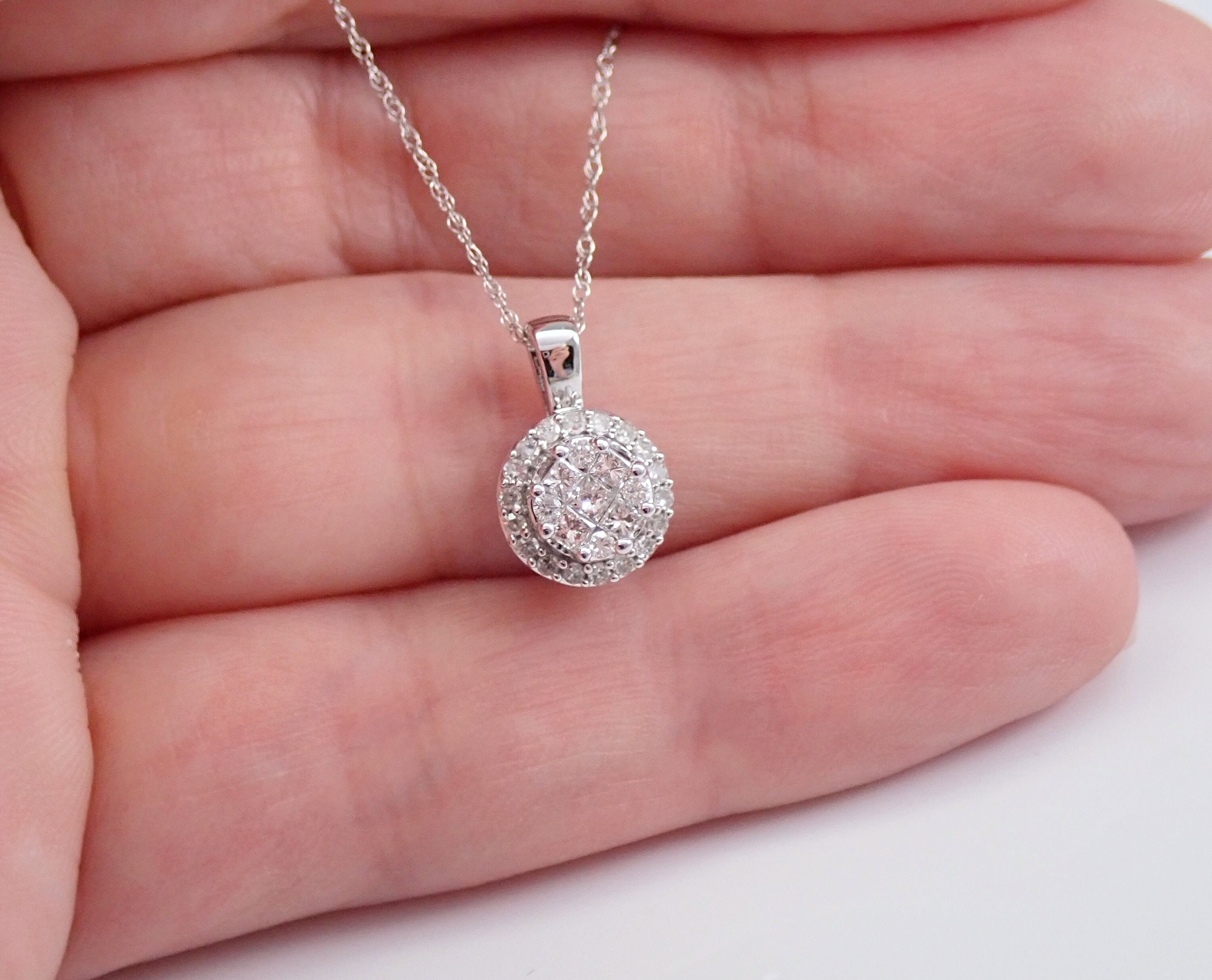 Diamond Cluster Pendant 14K White Gold Diamond Halo Circle Wedding 