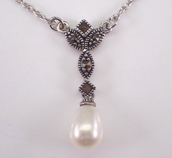 Vintage Sterling Silver Marcasite and Pearl Necklace, Estate Station Charm Pendant and Chain