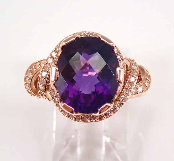 14k Rose Gold Amethyst Ring - Diamond Engagement Setting - Large February Birthstone Jewelry Gift