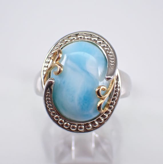 Vintage Sterling Silver Larimar Ring - Large Gemstone Estate Band