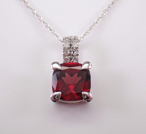 Garnet and Diamond Necklace - White  Gold Charm Pendant and Chain - Unique Dangle Choker Jewelry Gift