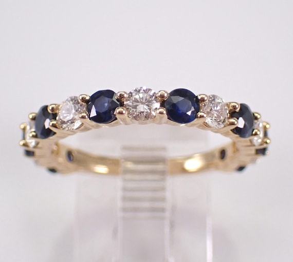Sapphire and Diamond Wedding Ring - 14k Yellow Gold Gemstone Stackable Band - Anniversary Birthstone Jewelry Gift