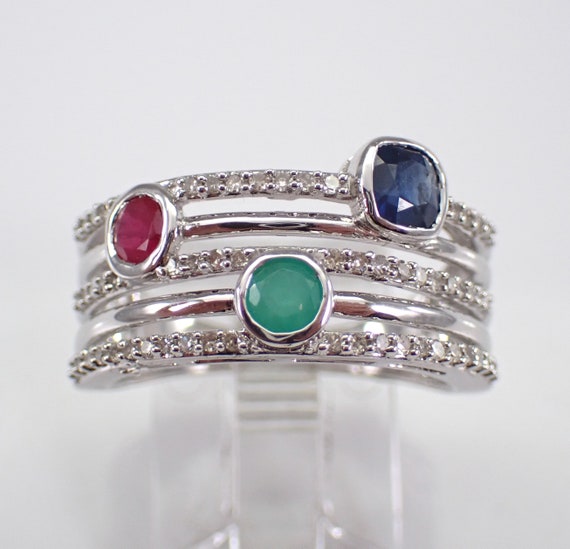 Sapphire Ruby and Emerald Multi Row Ring, White Gold Wedding Anniversary Band, Colorful Gemstone Jewelry - Past Present Future Gift