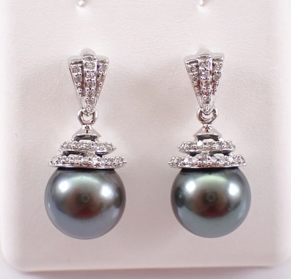 14K White Gold Black Pearl Earrings - Diamond Dangle Drop Setting - June Birthstone Fine Jewelry Gift