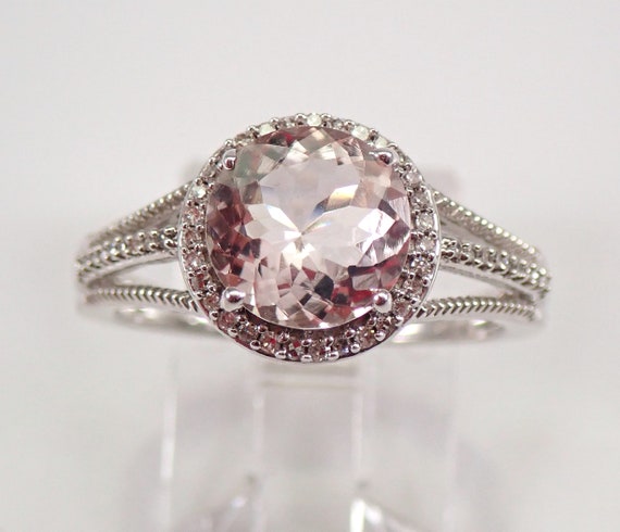 Pink Morganite Engagement Ring - White Gold Bridal Fine Jewelry - Dainty Diamond Halo Setting