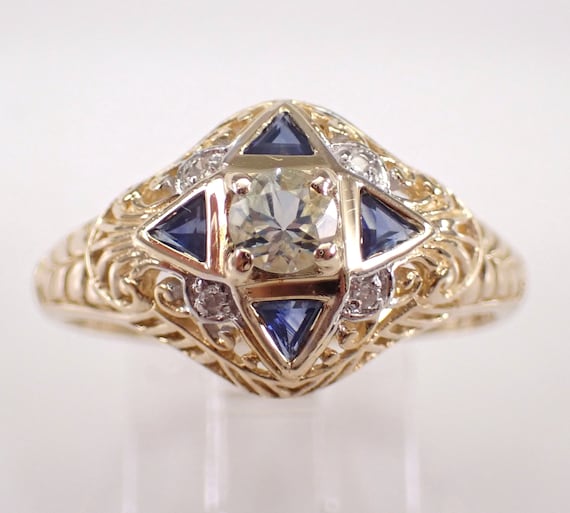 Antique 14K Yellow Gold Aquamarine and Sapphire Ring, Art Deco Diamond Filigree Domed Setting,  Vintage Cocktail Fine Jewelry Gift
