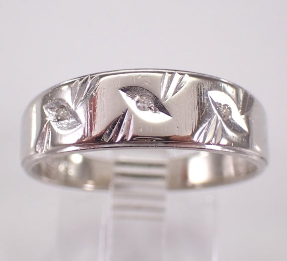 Vintage 14k White Gold Diamond Wedding Ring - Etched Three Stone Anniversary Band - Estate Bridal Fine Jewelry Gift