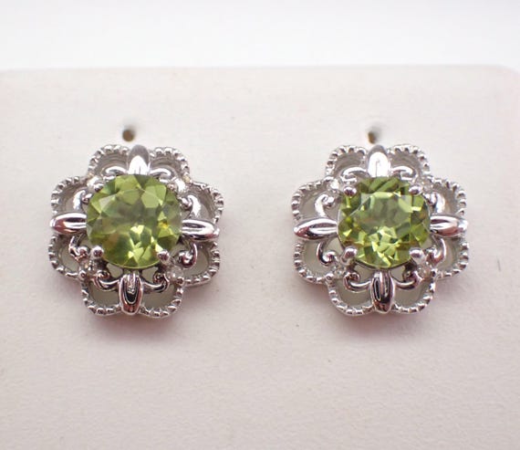 Peridot and Diamond Stud Earrings - White Gold Gemstone Flower Halo Setting - August Birthstone Jewelry Gift