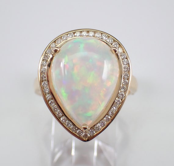 Opal and Diamond Engagement Ring - 14K Yellow Gold Halo Jewelry - October Gemstone Gift