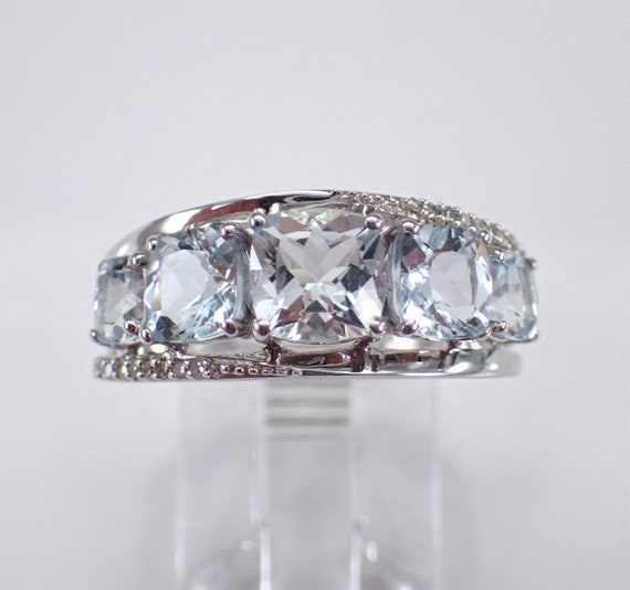 White Gold Aquamarine Ring - Gemstone Wedding Anniversary Band - March Aqua Marine Birthstone Jewelry Gift