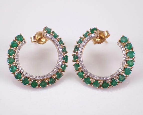 Yellow Gold Emerald Earrings - Diamond Circle Wraparound Studs - Unique Geometric Modern Design