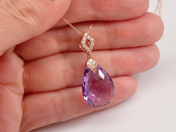 Genuine Amethyst Briolette Pendant Necklace - Rose Gold February Gemstone Gift