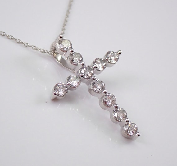 White Gold Diamond Cross Necklace: Religious Charm Pendant and Chain