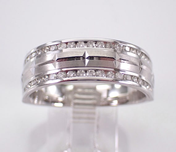 Mens Diamond Wedding Anniversary Ring - White Gold Textured Multi Row Band - Bridal Stackable Jewelry Gift for Groom