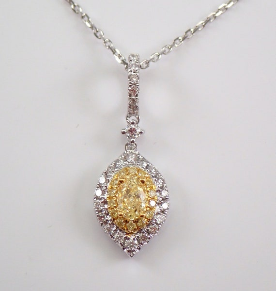 Yellow Canary Diamond Pendant - 18K Solid White Gold Station Necklace - Fancy Halo Choker Chain