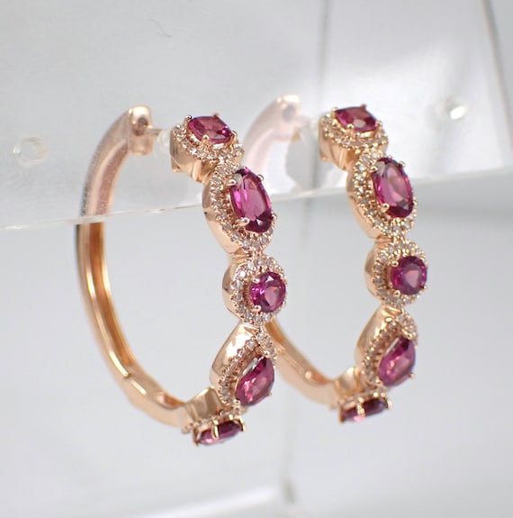 Rhodolite Garnet and Diamond Earrings - Rose Gold Large Gemstone Hoops - January Birthstone Jewelry Gift