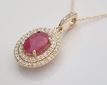 Diamond and Ruby Double Halo Pendant Necklace Yellow Gold 18" Chain July Gem Birthstone LQPN20