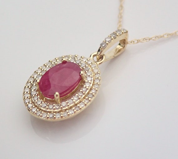 Diamond and Ruby Double Halo Pendant Necklace Yellow Gold 18" Chain July Gem Birthstone LQPN20