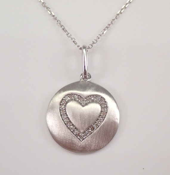 Diamond Heart Disk Pendant - White Gold Simple Choker Necklace - Unique Charm on 18 inch Chain