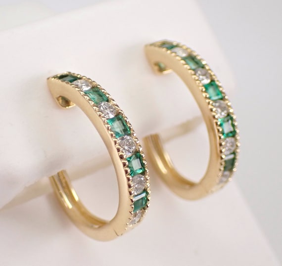 14K Yellow Gold Emerald Hoop Earrings - Gemstone and Diamond Hoops - May Birthstone Fine Jewelry Gift