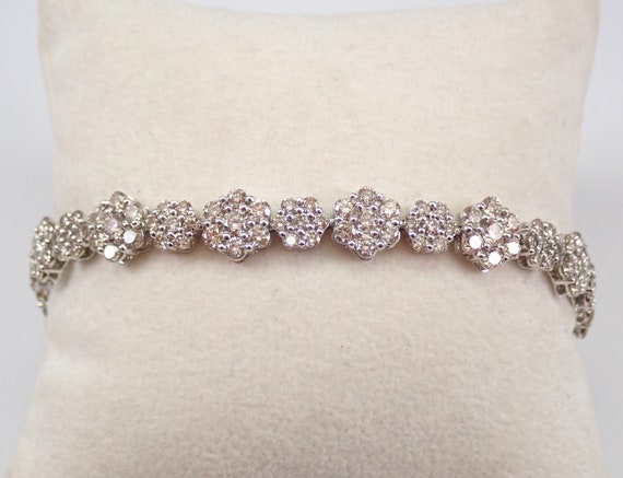 Diamond Halo Tennis Bracelet, Solid 14K White Gold Diamond Flower Cluster Link, 9ct Diamond Anniversary Jewelry Present