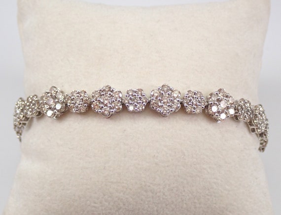 14K White Gold Diamond Tennis Bracelet, Flower Cluster Link, Unique Anniversary Jewelry Present