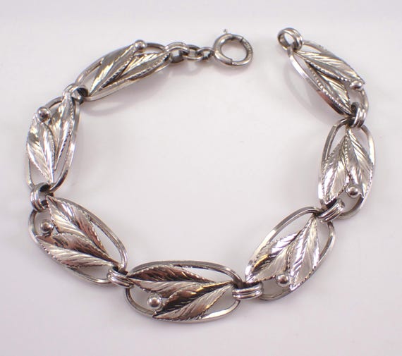 Vintage Sterling Silver Bracelet - Estate Fancy Leaf Feather Link