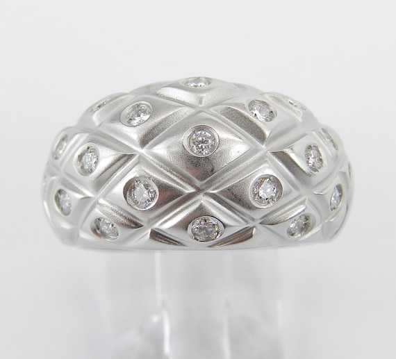 Domed Diamond Wedding Band - Solid 18K White Gold Anniversary Ring - Vintage Style Bridal Stackable Jewelry