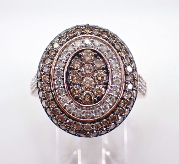Brown Diamond Cluster Engagement Ring, Chunky Bridal Oval Halo Cocktail Band, Solid Rose Gold Genuine Cognac Fancy Cocktail Jewelry
