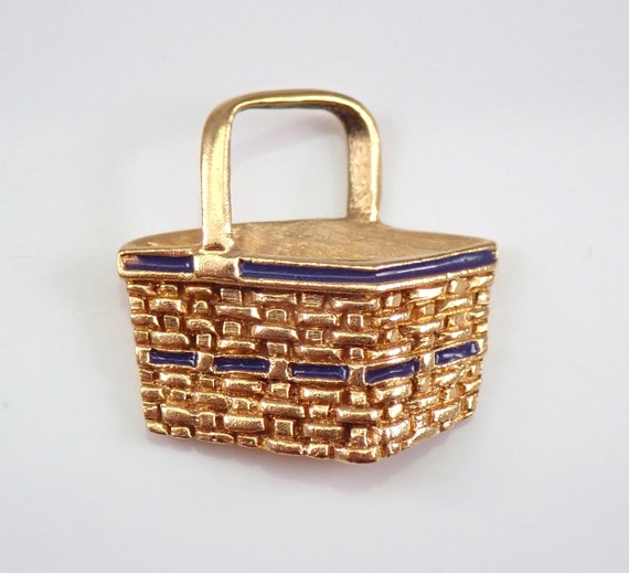 Vintage 14K Yellow Gold Basket Charm, Estate Blue Enamel Pendant, Longaberger Market Collectible Jewelry