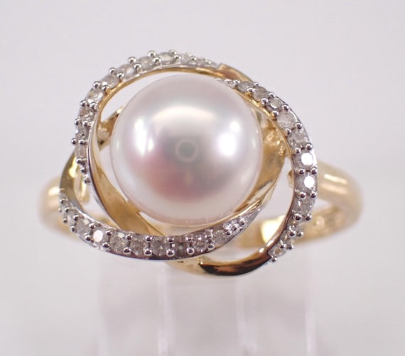 14K Yellow Gold Pearl and Diamond Ring:  June Birthstone Gemstone Bridal Swirl Halo Setting
