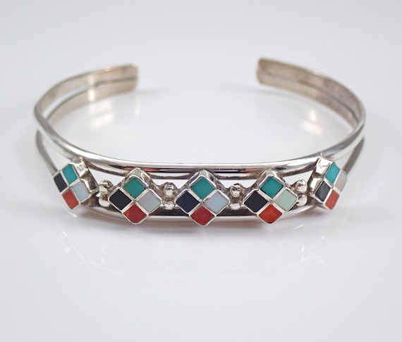 Vintage Sterling Silver Bangle Bracelet, Multi Color Gemstone Cuff, Onyx Turquoise Coral and Mother of Pearl, Tribal Native American Jewelry