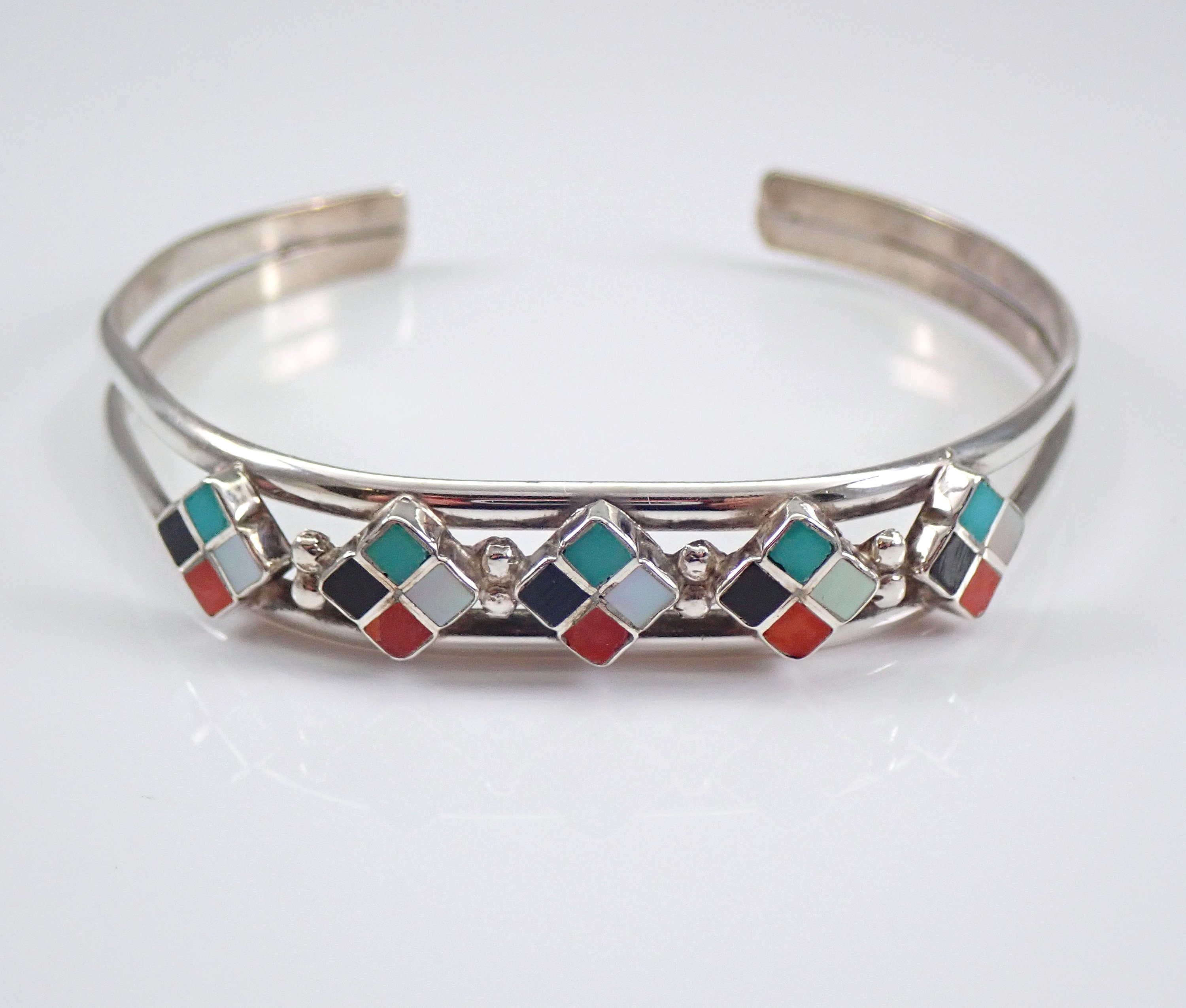 Vintage Sterling Silver Bangle Bracelet, Multi Color Gemstone Cuff, Onyx  Turquoise Coral and Mother of Pearl, Tribal Native American Jewelry