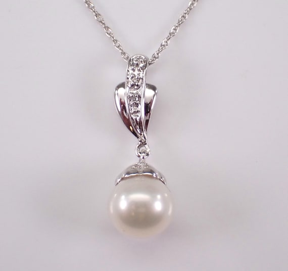 Pearl and Diamond Pendant and Chain - White Gold Charm Choker Necklace - Dainty Dangle June Birthstone  Gift