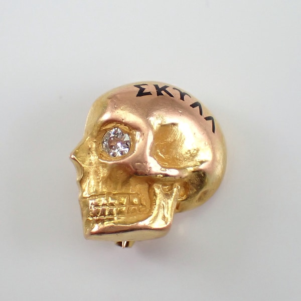 Vintage 14K Yellow Gold Skull Brooch - Antique Old Miner Diamond Pin - Small Estate Greek Fraternity Jewelry